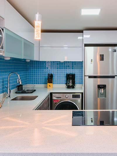 Beautiful kitchen with blue backsplash